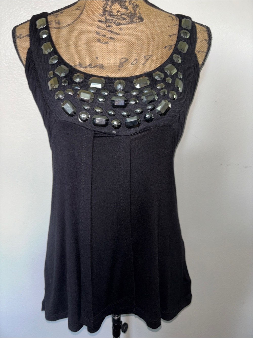 Vintage Black Embellished Scoop Neck Tank Top Sz M